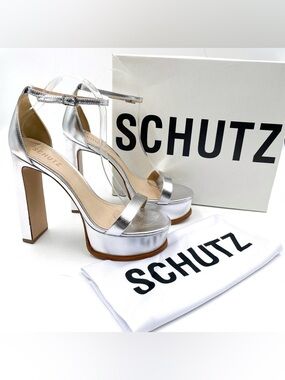 Schutz Suzy Lee Platform Sandals Metallic Silver Leather Heels Ankle Sz 8.5